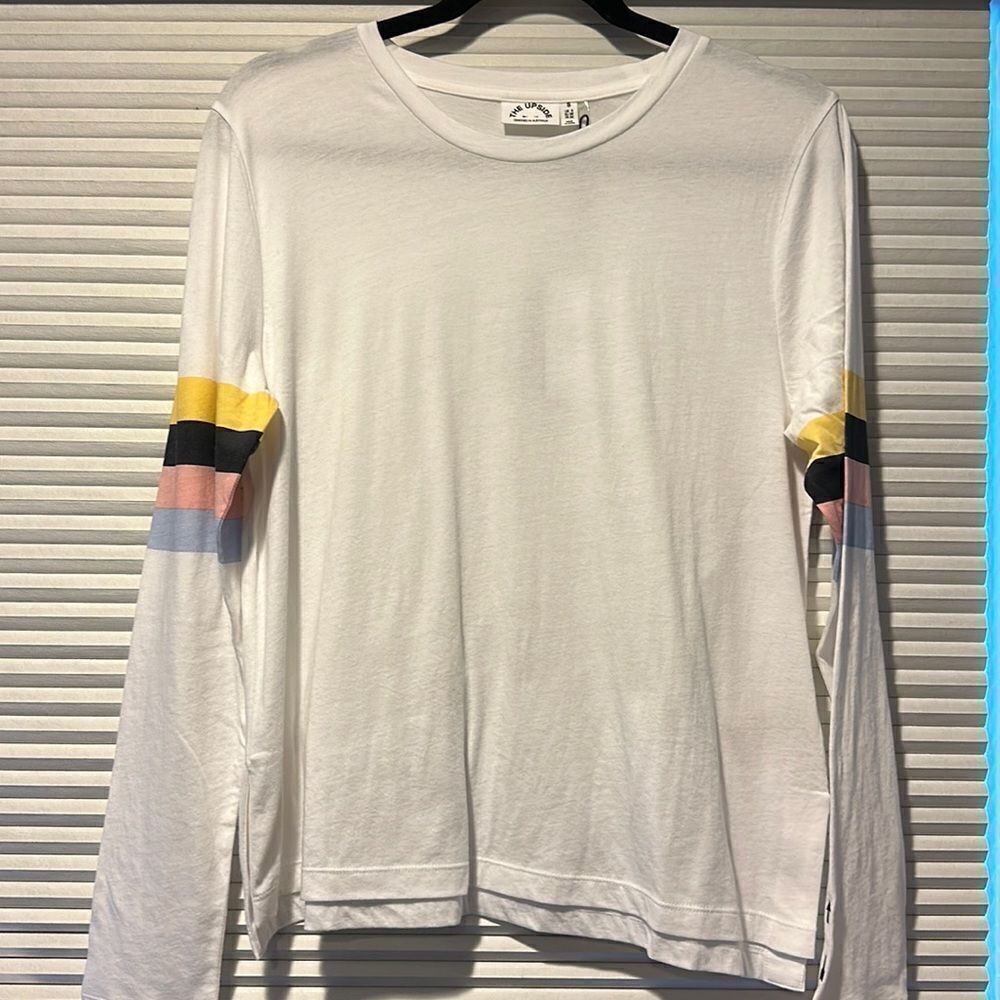 The Upside Women’s Long Sleeve White Top with Multi Color Arm Stripes